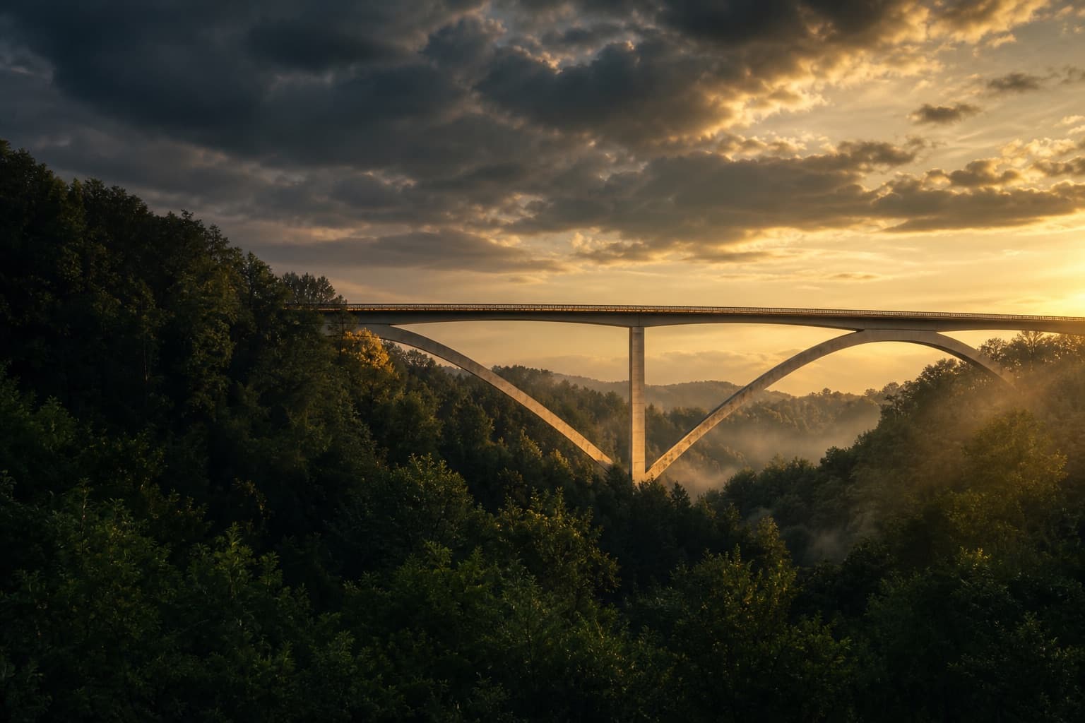 The Natchez Trace Parkway Bridge at golden hour above a misty forested valley